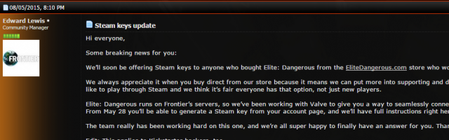 Frontier Developments Giving Existing Users Elite: Dangerous Steam Key